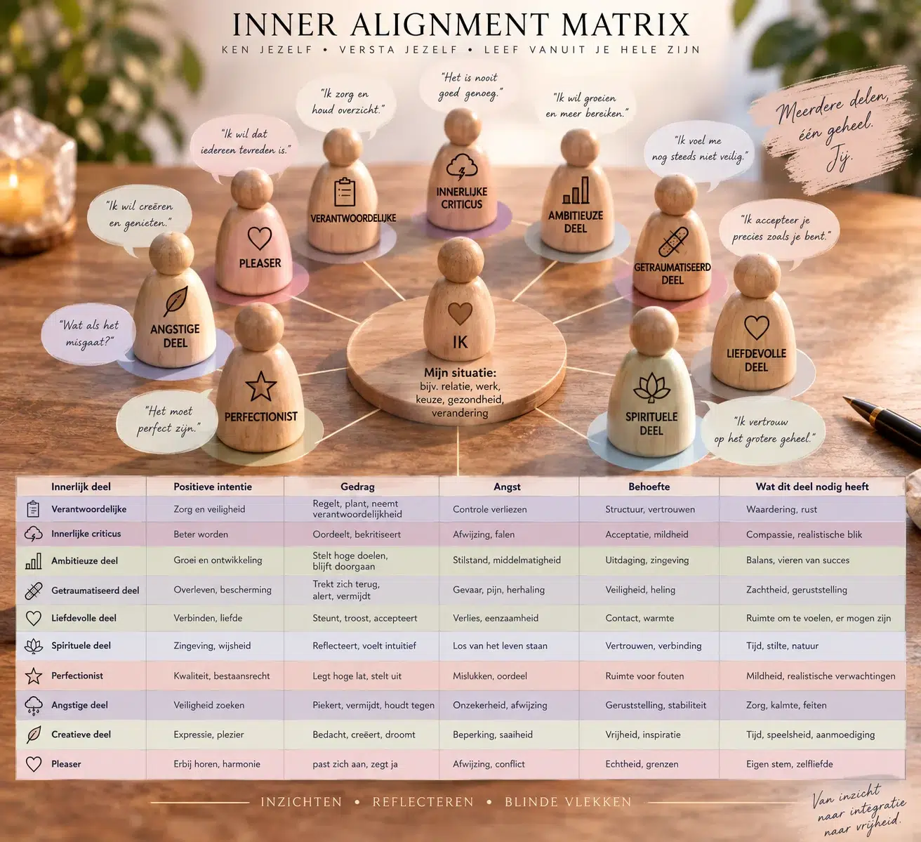 Voorbeeld van een Inner Alignment Matrix met innerlijke delen, hun intentie, gedrag, angst en behoefte