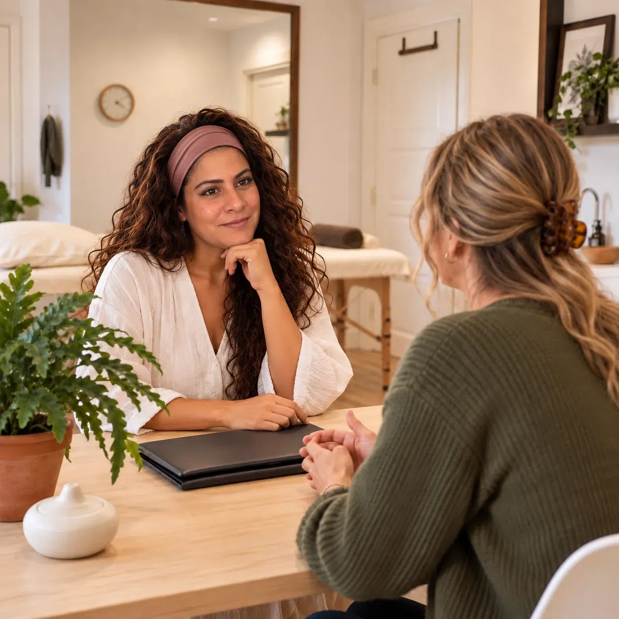 Monique in gesprek met een cliënt – kennismakingsgesprek