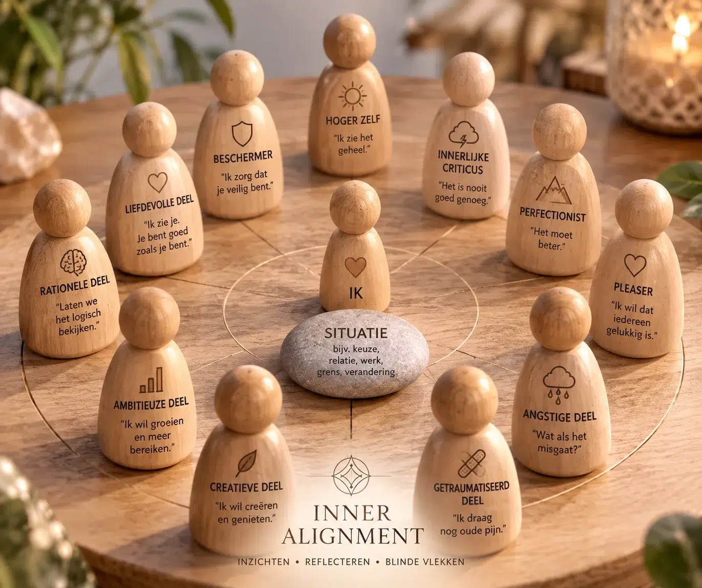 Houten figuren die innerlijke delen verbeelden, in een cirkel rond een situatie